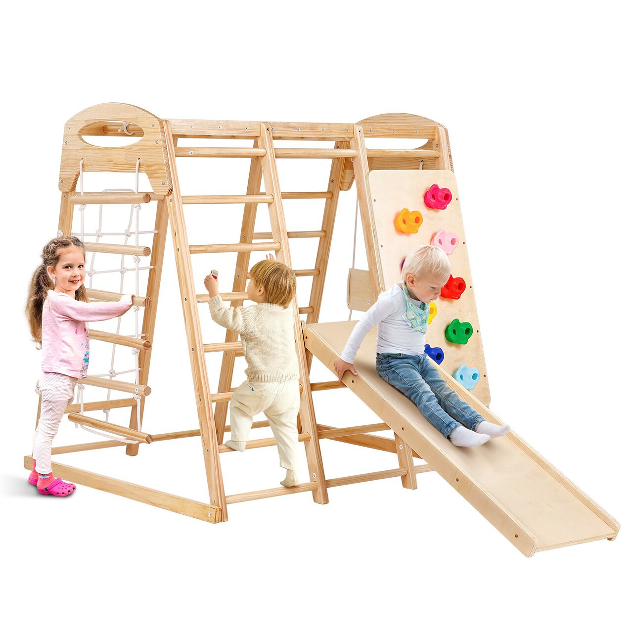 Indoor Jungle Gym Wooden Toddler Playground with Ladder Swing Slide and Climbing Wall